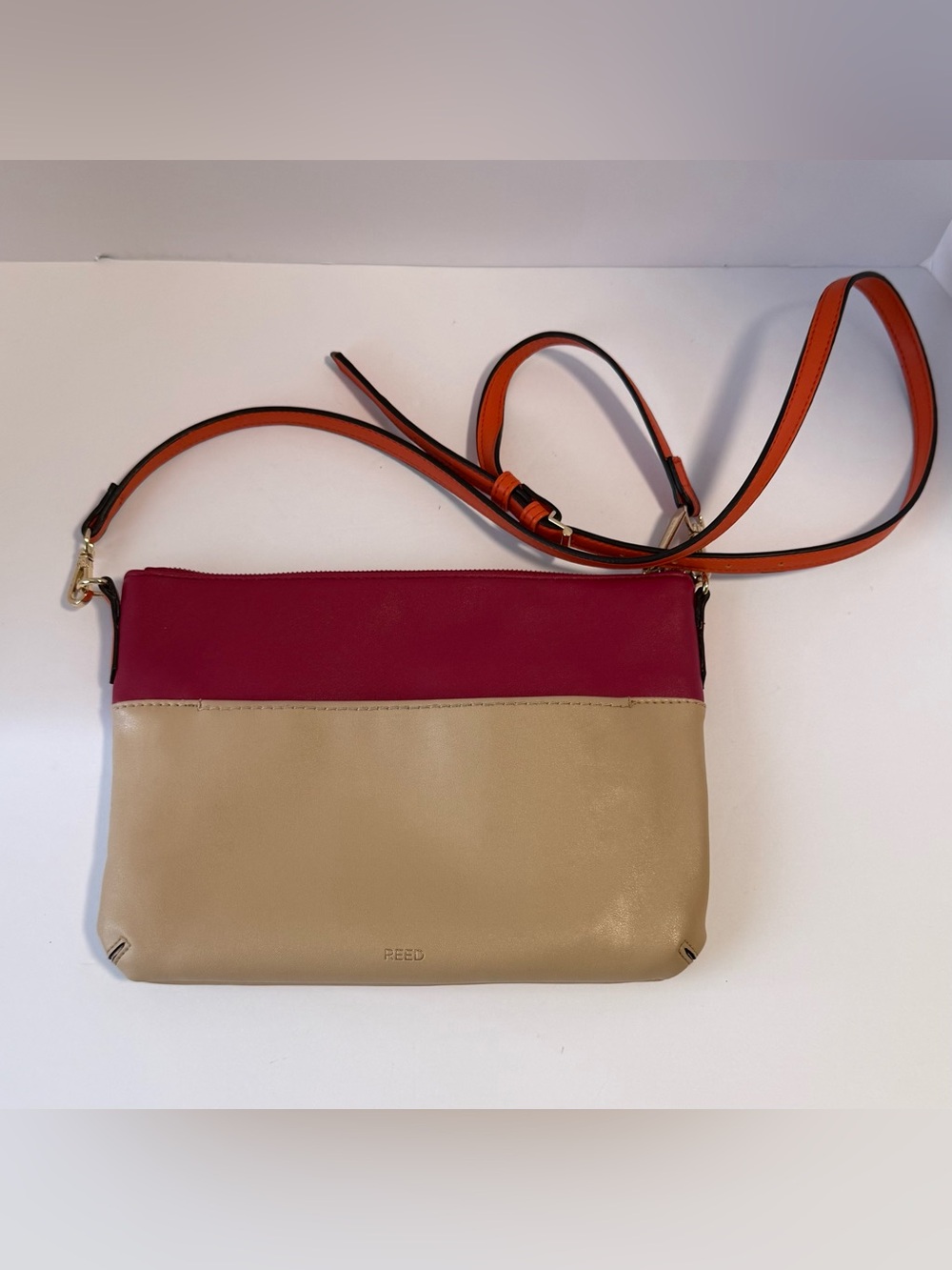 REED by Reed Krakoff Colorblock Crossbody Bag Burgundy Tan Orange Faux Leather